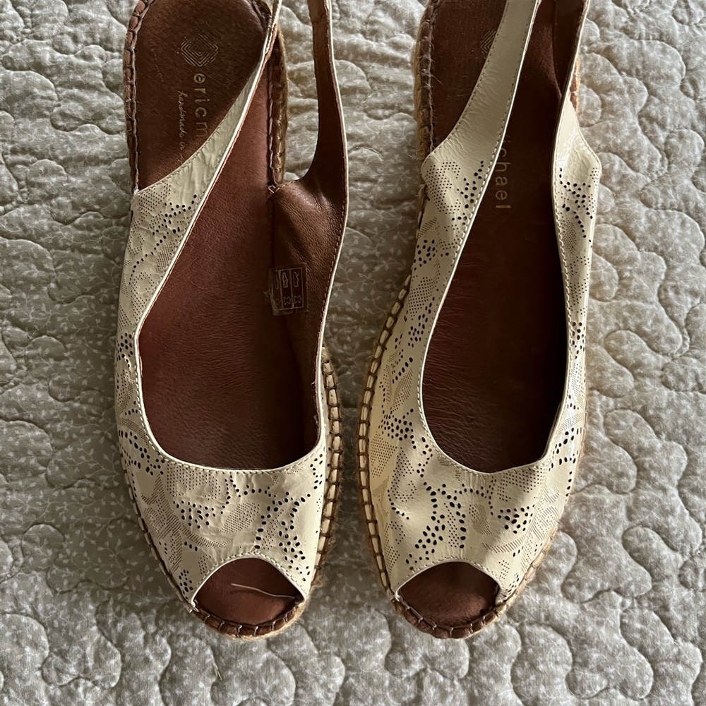 Eric Michael, Perforated design, Ivory, Open toe, Wedge, Euro Size 41